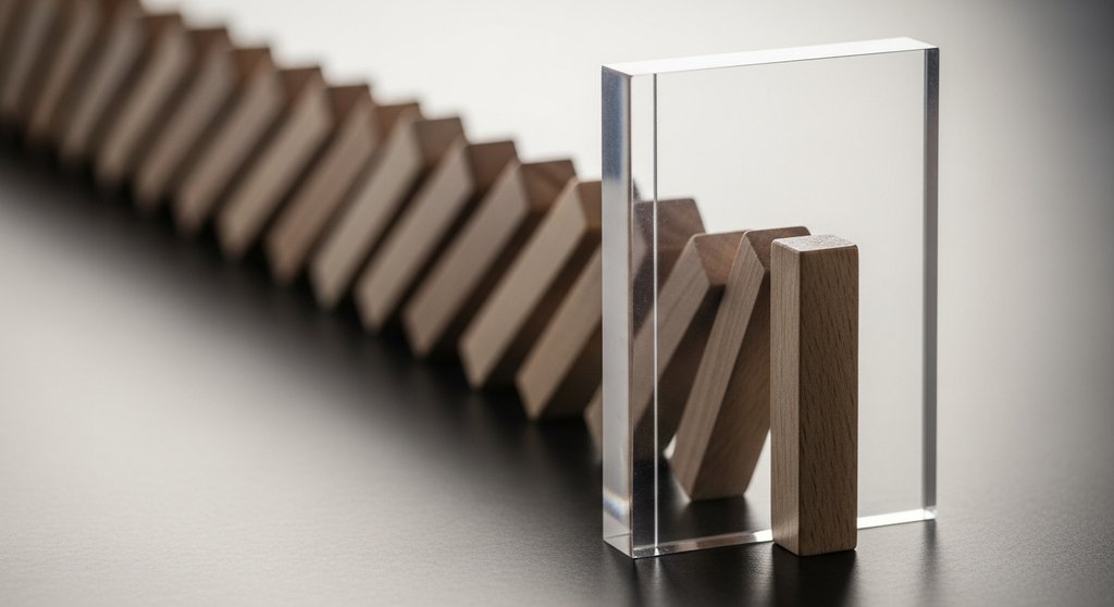Eine Reihe von Dominosteinen, bei der ein einzelner Stein durch eine schützende Barriere vor dem Umfallen bewahrt wird. Symbolbild für effektives Business Continuity Planning. Fotografie im Editorial Style, gedämpfte Farben, fokussiert auf die Barriere, Hintergrund unscharf. DSLR, High resolution photography, muted tones.