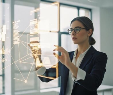 Eine Sales-Direktorin plant strategisch den Sales Tech Stack an einer interaktiven Glaswand.