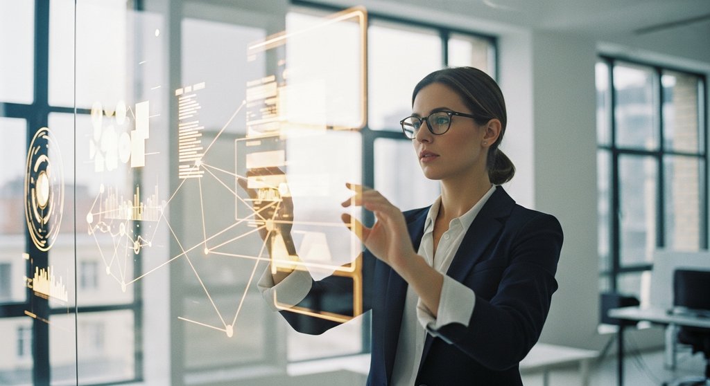 Eine Sales-Direktorin plant strategisch den Sales Tech Stack an einer interaktiven Glaswand.
