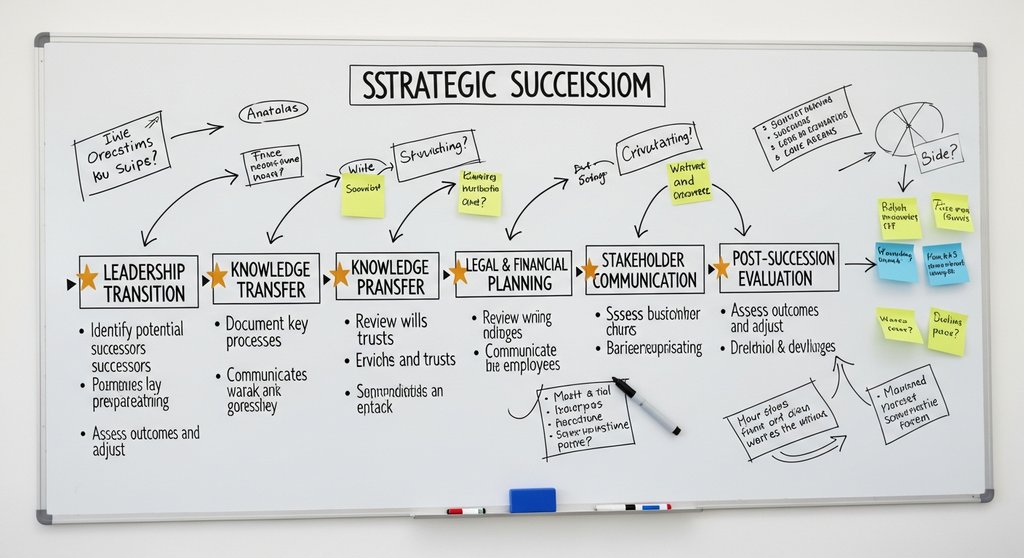 Eine strategische Roadmap auf einem Whiteboard mit Zeitstrahl und Meilensteinen zur Unternehmensnachfolge.