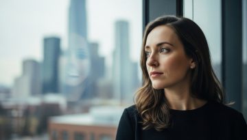 Eine Unternehmerin plant strategisch ihr Online Reputation Management mit Blick auf die Stadt.