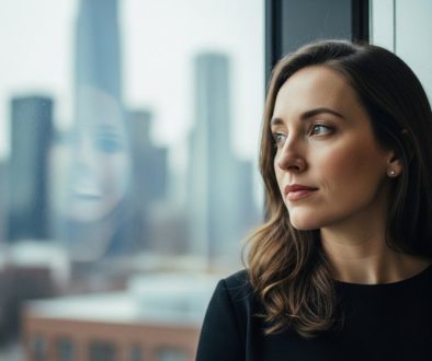 Eine Unternehmerin plant strategisch ihr Online Reputation Management mit Blick auf die Stadt.