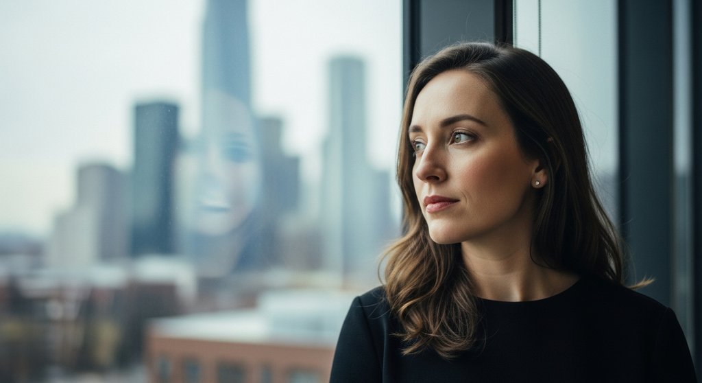 Eine Unternehmerin plant strategisch ihr Online Reputation Management mit Blick auf die Stadt.