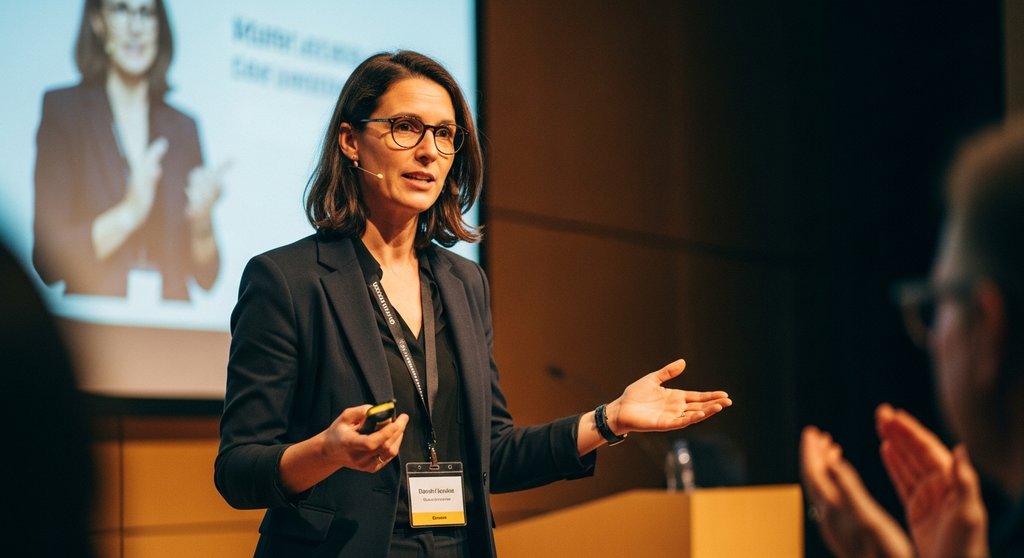 Eine Unternehmerin positioniert sich als Expertin durch einen Vortrag auf einer Konferenz.