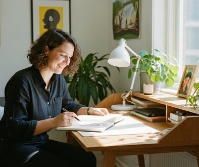 Freelancer genießt die Vorteile der Work-Life-Integration an einem kreativen Arbeitsplatz zu Hause.
