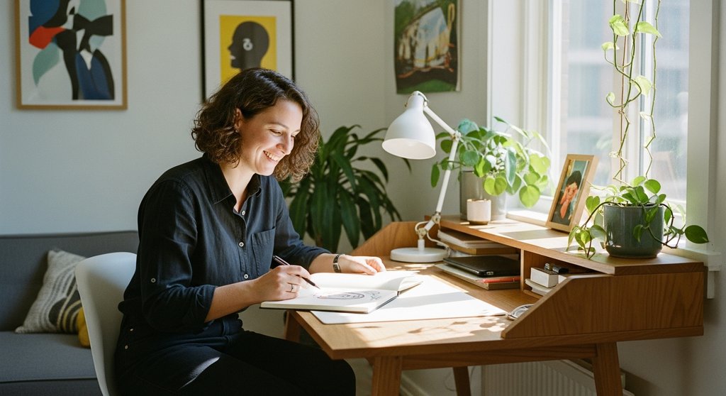 Freelancer genießt die Vorteile der Work-Life-Integration an einem kreativen Arbeitsplatz zu Hause.