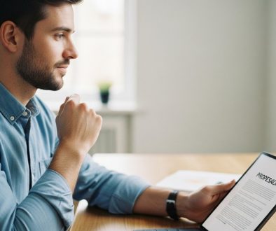 Freelancer schreibt ein überzeugendes Angebot auf seinem Tablet in seinem modernen Büro.