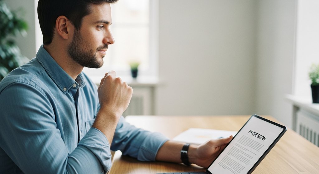 Freelancer schreibt ein überzeugendes Angebot auf seinem Tablet in seinem modernen Büro.