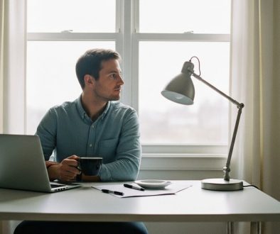Freelancer überbrückt eine Auftragsflaute durch strategische Planung am Schreibtisch.