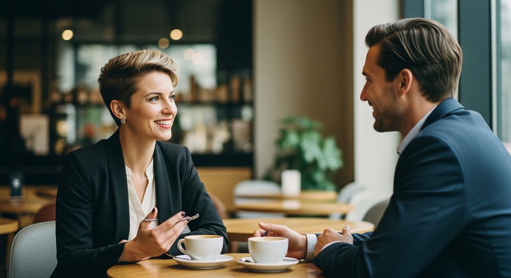 Freelancerin im Gespräch mit einem Kunden zur Überbrückung einer Auftragsflaute.