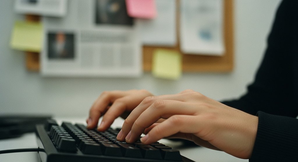 Hände tippen schnell eine HARO-Antwort auf einer Tastatur, im Hintergrund eine Pinnwand.