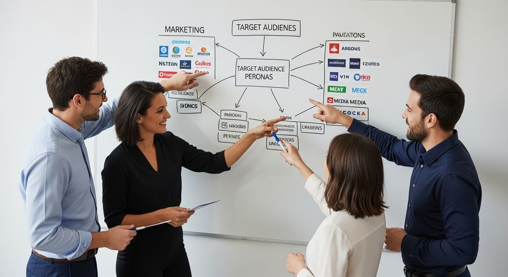 High resolution photography, environmental portrait. A diverse team of three marketing professionals is gathered around a large whiteboard in a modern, well-lit office. They are actively discussing and pointing at a mind map drawn on the board, which shows connections between target audience personas and various media outlet logos. The shot is taken from a slight side angle, capturing their engagement and collaborative spirit. Use natural light and a slightly blurred background to focus on the team. Kodak Portra 400 style with true-to-life colors.