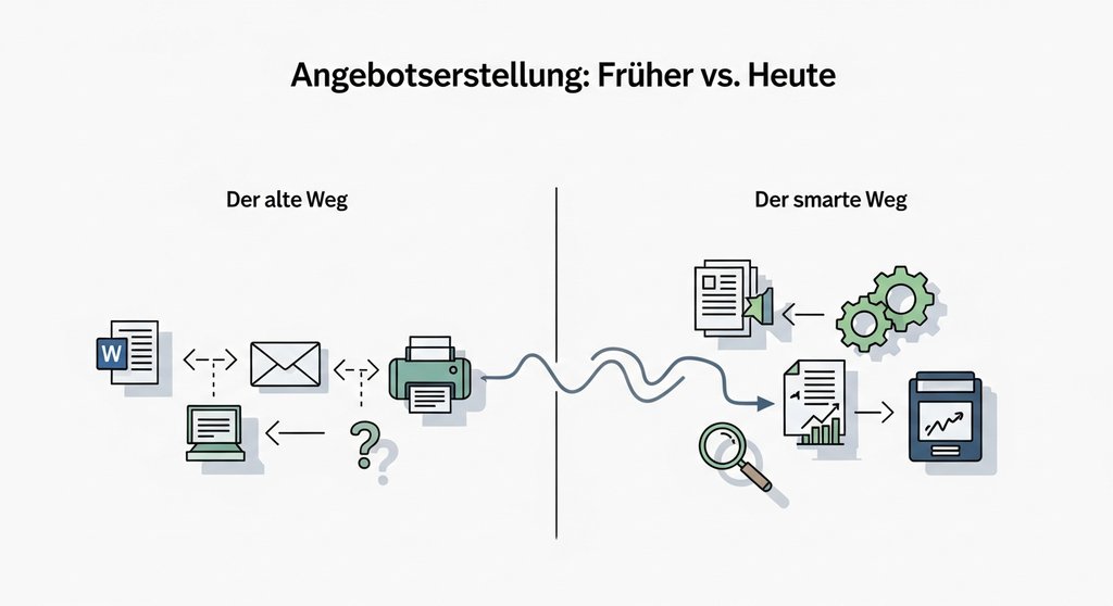 Infografik, die den ineffizienten alten Prozess der Angebotserstellung dem optimierten Workflow mit Proposal Software gegenüberstellt.