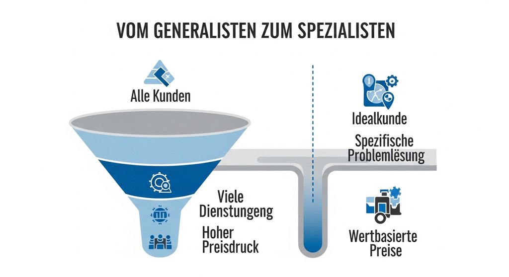 Infografik, die den Unterschied zwischen einer Generalisten- und einer Experten-Positionierung darstellt.