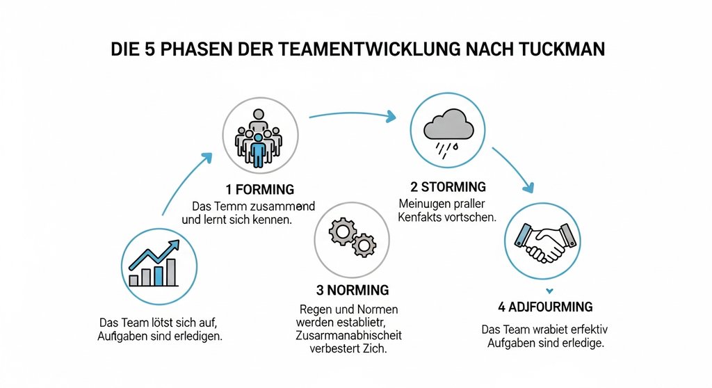 Infografik, die die fünf Phasen der Teamentwicklung nach Tuckman illustriert.