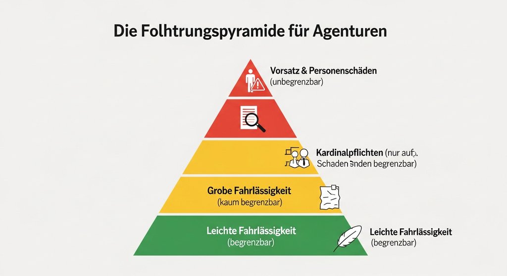 Infografik, die die verschiedenen Stufen der Haftung für Agenturen von leichter Fahrlässigkeit bis Vorsatz darstellt.
