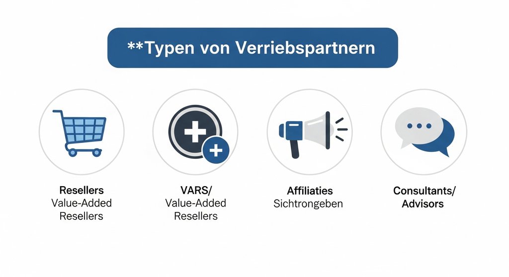 Infografik, die die vier Haupttypen von Channel Sales Partnern für Agenturen erklärt: Reseller, VARs, Affiliates und Berater.