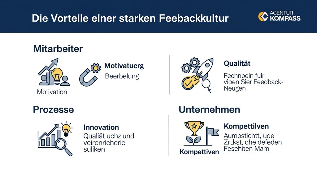 Infografik, die die Vorteile einer Feedbackkultur für Mitarbeiter, Prozesse und das Unternehmen darstellt.