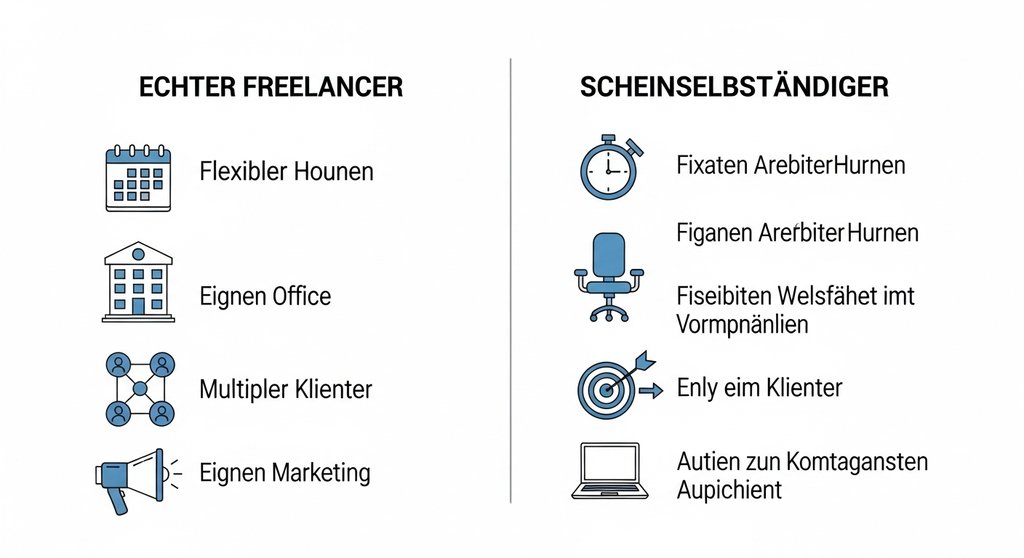 Infografik, die Merkmale von echter Selbstständigkeit und Scheinselbstständigkeit gegenüberstellt.