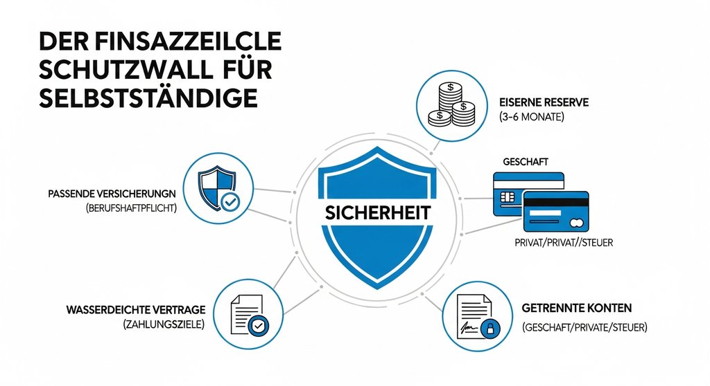Infografik zeigt die vier Säulen des finanziellen Schutzes für Selbstständige und Freelancer.