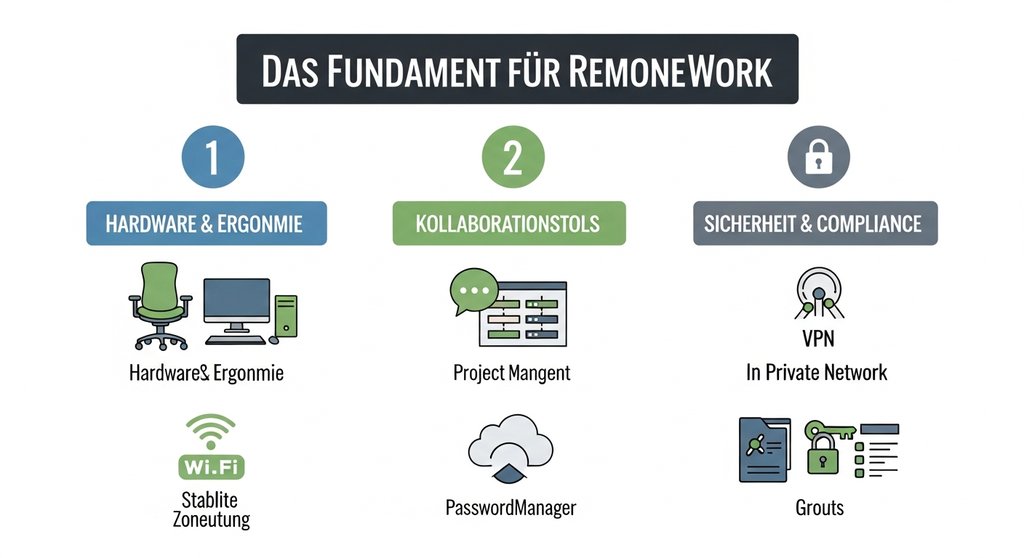 Infografik zu den drei technologischen Säulen für erfolgreiche Remote-Arbeit: Hardware, Software und Sicherheit.