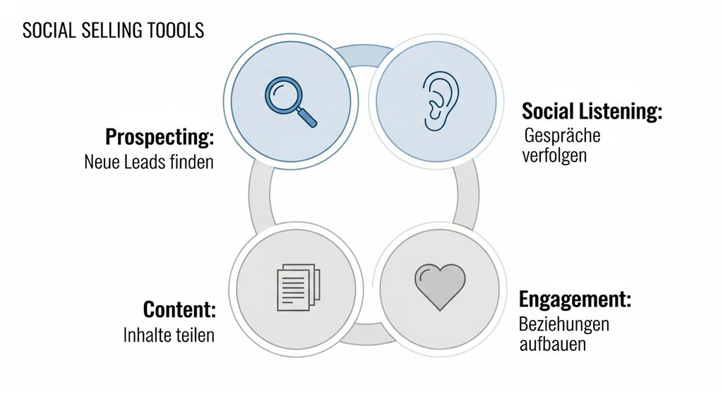 Infografik zu den vier Kernfunktionen von Social Selling Tools in einer Übersicht.