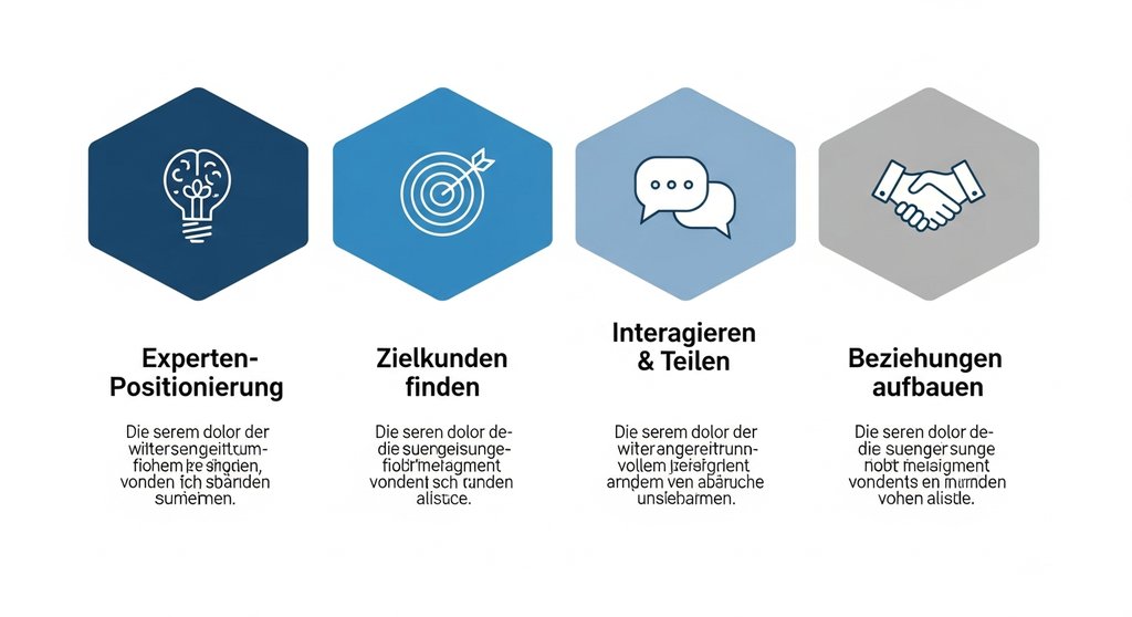Infografik zu den vier Säulen des Social Selling: Positionierung, Zielkunden, Interaktion und Beziehungsaufbau.