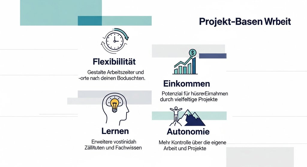 Infografik zu den Vorteilen von projektbasiertem Arbeiten: Flexibilität, hohes Einkommen, steile Lernkurve.