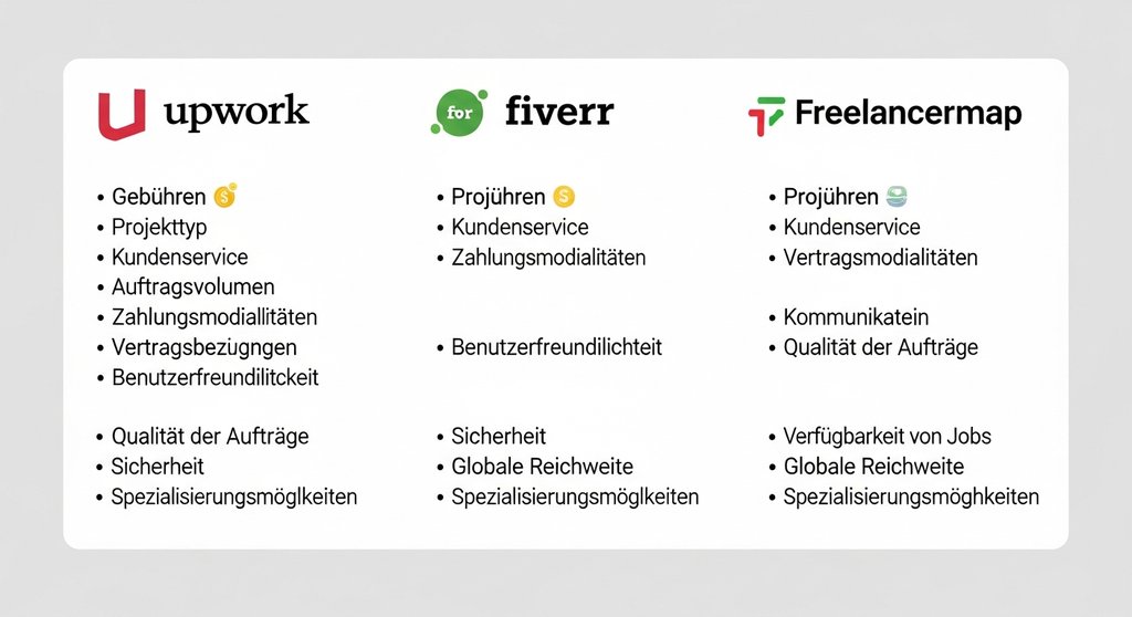 Infografik zum Vergleich der Freelancer-Plattformen Upwork, Fiverr und Freelancermap anhand von Gebühren und Projekttypen.