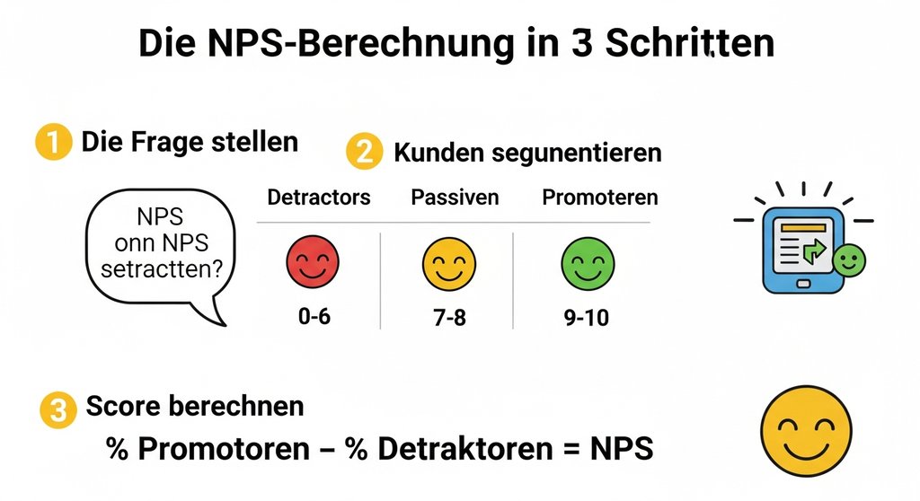 Infografik zur Berechnung des Net Promoter Score in drei einfachen Schritten.