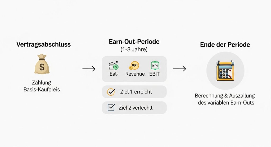 Infografik zur Funktionsweise einer Earn-Out-Klausel mit Zeitachse. Eine klare und moderne Infografik in Deutsch. Links steht 