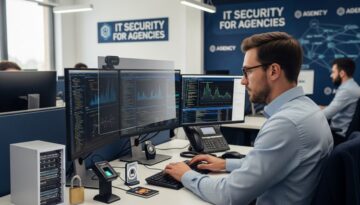 IT-Sicherheit für Agenturen: Ein konzentrierter Agentur-Mitarbeiter arbeitet an einem sicheren Arbeitsplatz.
