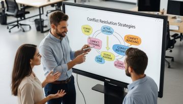 Konfliktmanagement am Arbeitsplatz: Eine Führungskraft vermittelt zwischen zwei Mitarbeitern an einem Whiteboard.