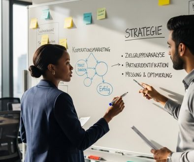Kooperationsmarketing als Schlüssel zum Erfolg: Zwei diverse Business-Profis erarbeiten eine Strategie am Whiteboard.