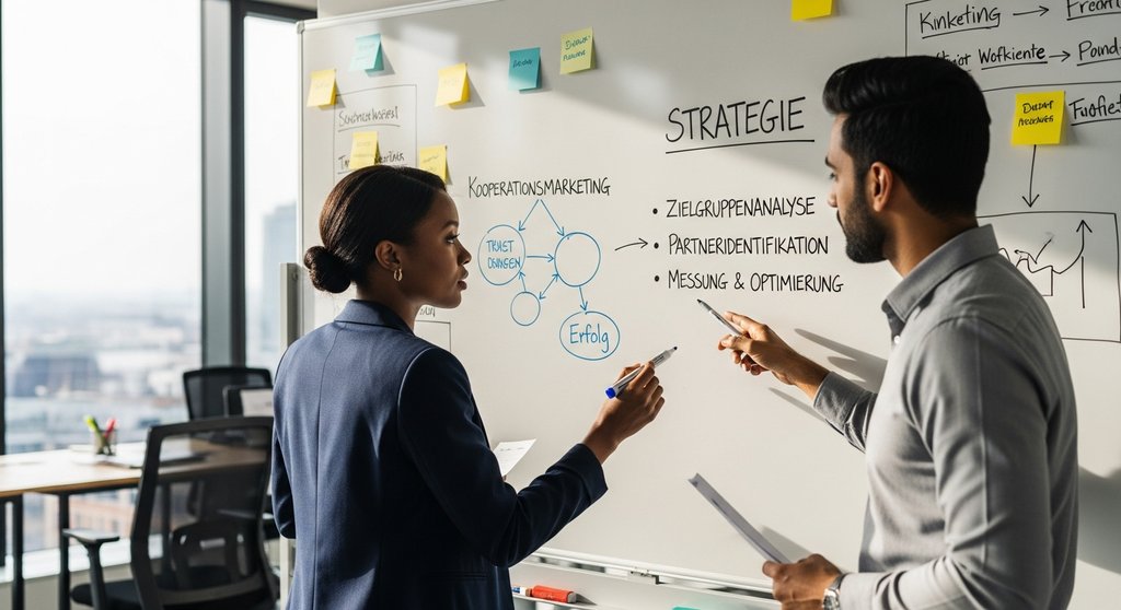 Kooperationsmarketing als Schlüssel zum Erfolg: Zwei diverse Business-Profis erarbeiten eine Strategie am Whiteboard.