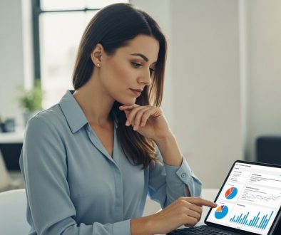 Kundenfeedback als strategisches Werkzeug für Agenturwachstum. DSLR, High resolution photography, Medium Shot einer fokussierten Agentur-Inhaberin Mitte 30 in einem modernen, hellen Büro. Sie blickt nachdenklich, aber zuversichtlich auf ein Tablet, das Diagramme und Kundenkommentare anzeigt. Weiches, natürliches Licht von der Seite, der Hintergrund ist unscharf (Bokeh-Effekt), um den Fokus auf sie und ihre strategische Analyse zu legen. Der Stil ist authentisch und professionell, true-to-life colors, muted tones.