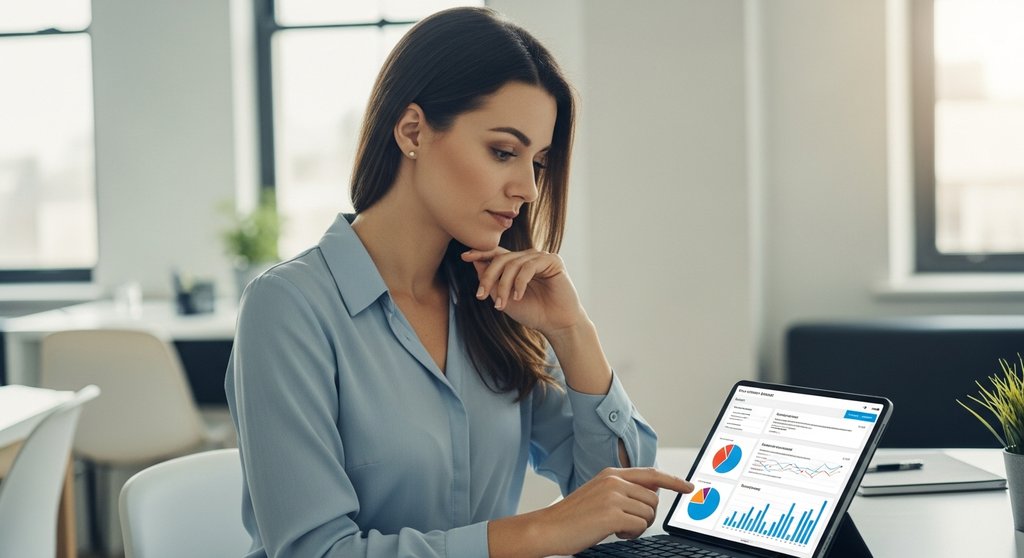 Kundenfeedback als strategisches Werkzeug für Agenturwachstum. DSLR, High resolution photography, Medium Shot einer fokussierten Agentur-Inhaberin Mitte 30 in einem modernen, hellen Büro. Sie blickt nachdenklich, aber zuversichtlich auf ein Tablet, das Diagramme und Kundenkommentare anzeigt. Weiches, natürliches Licht von der Seite, der Hintergrund ist unscharf (Bokeh-Effekt), um den Fokus auf sie und ihre strategische Analyse zu legen. Der Stil ist authentisch und professionell, true-to-life colors, muted tones.