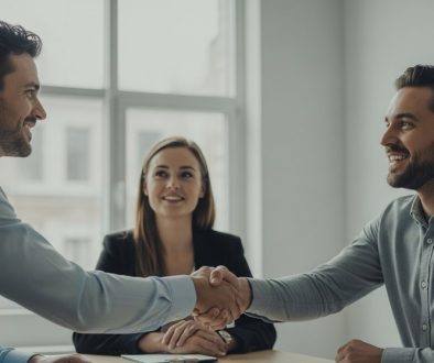 Referral Marketing in Aktion: Ein zufriedener Agenturkunde empfiehlt einen Dienstleister an einen Kollegen weiter. High resolution photography, environmental portrait in a modern, bright office space with depth of field. Two men in business casual attire are shaking hands warmly, while a third person, a woman, looks on with a smile, subtly indicating she made the introduction. The atmosphere is positive and professional. The focus is on authentic connection and trust. Muted tones, DSLR, shot on 35mm film style.