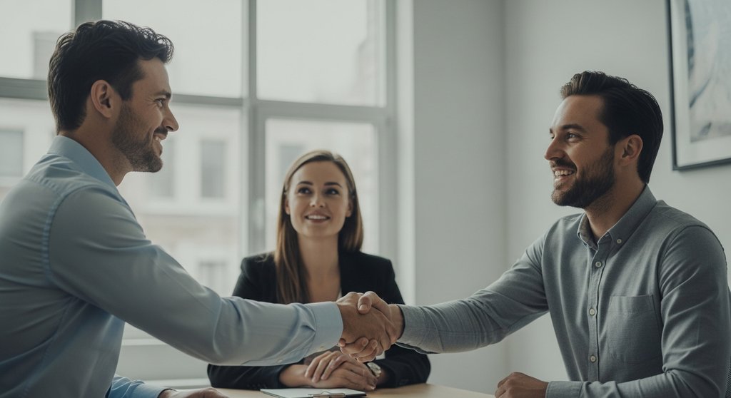 Referral Marketing in Aktion: Ein zufriedener Agenturkunde empfiehlt einen Dienstleister an einen Kollegen weiter. High resolution photography, environmental portrait in a modern, bright office space with depth of field. Two men in business casual attire are shaking hands warmly, while a third person, a woman, looks on with a smile, subtly indicating she made the introduction. The atmosphere is positive and professional. The focus is on authentic connection and trust. Muted tones, DSLR, shot on 35mm film style.