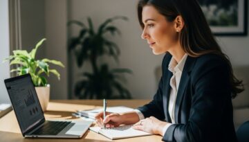 Selbstständige analysiert am Schreibtisch ihre Finanzen, um finanzielle Risiken der Selbstständigkeit zu managen.