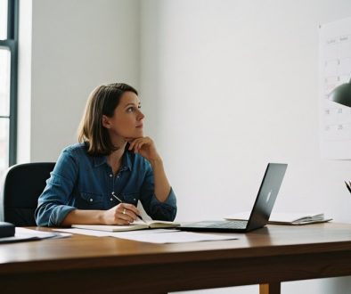 Selbstständige Frau plant vorausschauend ihre Altersvorsorge in ihrem Büro.