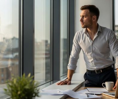 Umgang mit Akquise-Absagen – Ein Freelancer blickt strategisch aus dem Fenster.