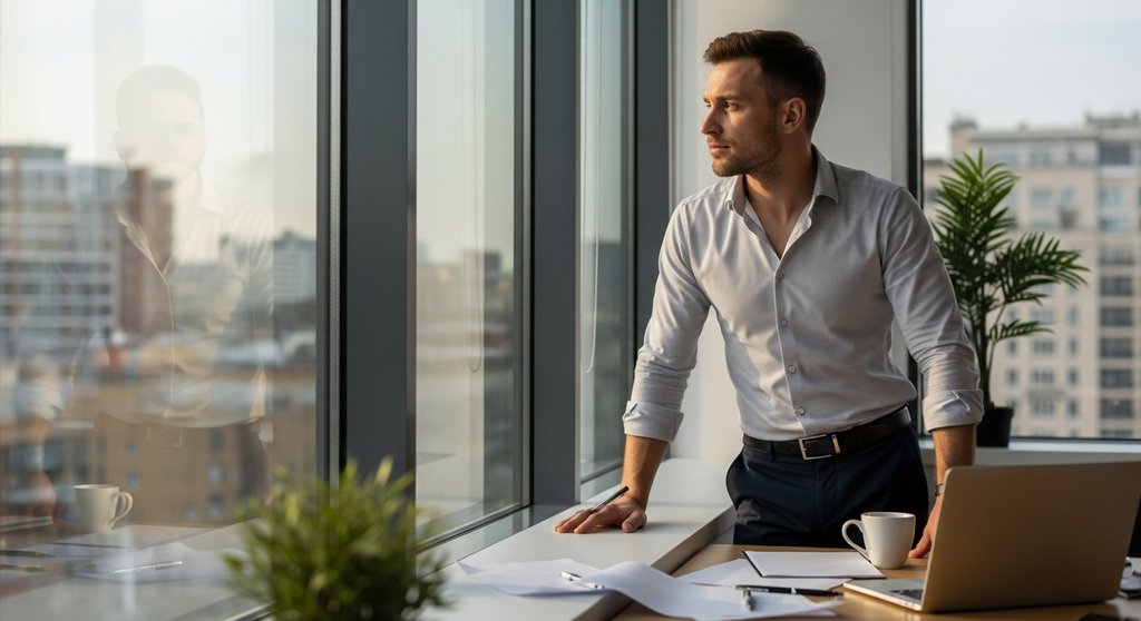 Umgang mit Akquise-Absagen – Ein Freelancer blickt strategisch aus dem Fenster.