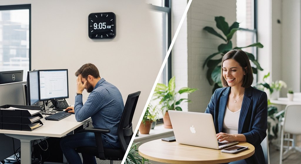 Visueller Vergleich zwischen einem festen Angestellten im Büro und einer freien Mitarbeiterin im Co-Working-Space.