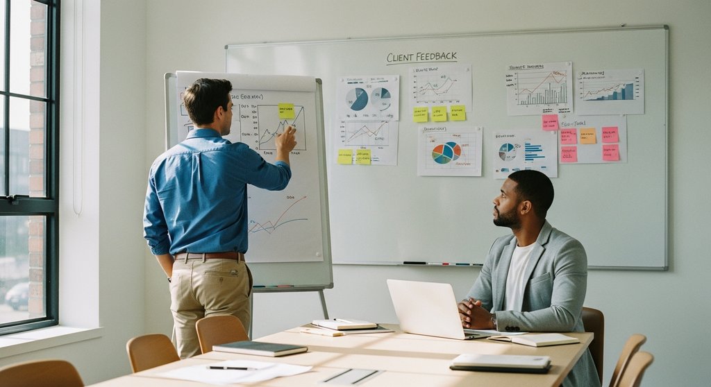 Zwei Agenturmitarbeiter in einem produktiven Meeting, die Kundenfeedback an einem Whiteboard analysieren. Editorial Style, Shot on 35mm camera, zwei Personen in einem hellen Konferenzraum, die engagiert diskutieren. Einer zeigt auf eine Grafik, der andere hört aufmerksam zu. Authentische Interaktion, true-to-life colors, slight film grain, Kodak Portra 400 style.
