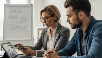 Zwei Experten bei der strategischen Planung der Zusammenarbeit mit einer PR Agentur.