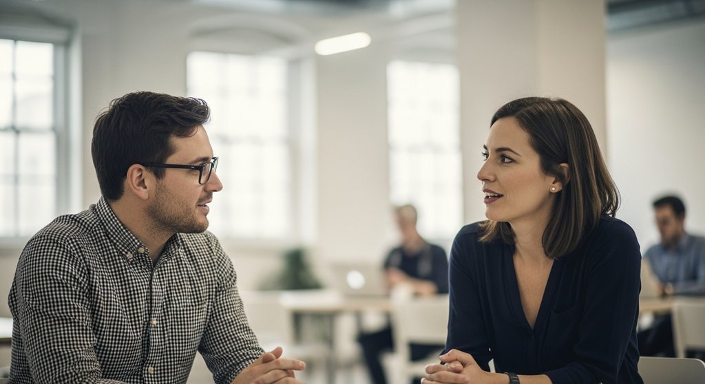 Zwei Freelancer beim Networking in einem Co-Working-Space, um neue Kontakte zu knüpfen.