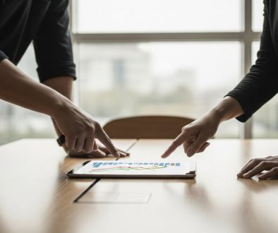 Zwei Geschäftsleute analysieren Wachstumskurven auf einem Tablet im Rahmen ihrer Channel Sales Strategie.