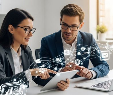 Zwei Gründer einer Agentur, ein Mann und eine Frau, besprechen in einem hellen, modernen Büro eine Wachstumsstrategie auf einem Tablet. Abstrakte, leuchtende Datenlinien verbinden das Tablet mit einem Laptop und symbolisieren den Austausch von Leads. Die Atmosphäre ist kollaborativ und zukunftsorientiert. Medium Shot, DSLR, High resolution photography, True-to-life colors, Depth of field. → Zwei Agentur-Inhaber planen eine Lead-Sharing-Strategie am Tablet.
