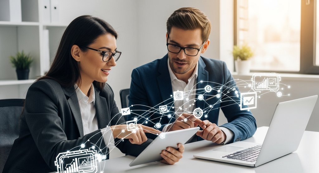 Zwei Gründer einer Agentur, ein Mann und eine Frau, besprechen in einem hellen, modernen Büro eine Wachstumsstrategie auf einem Tablet. Abstrakte, leuchtende Datenlinien verbinden das Tablet mit einem Laptop und symbolisieren den Austausch von Leads. Die Atmosphäre ist kollaborativ und zukunftsorientiert. Medium Shot, DSLR, High resolution photography, True-to-life colors, Depth of field. → Zwei Agentur-Inhaber planen eine Lead-Sharing-Strategie am Tablet.